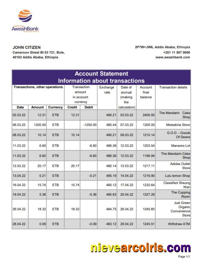 Ethiopia Awash Bank statement xls